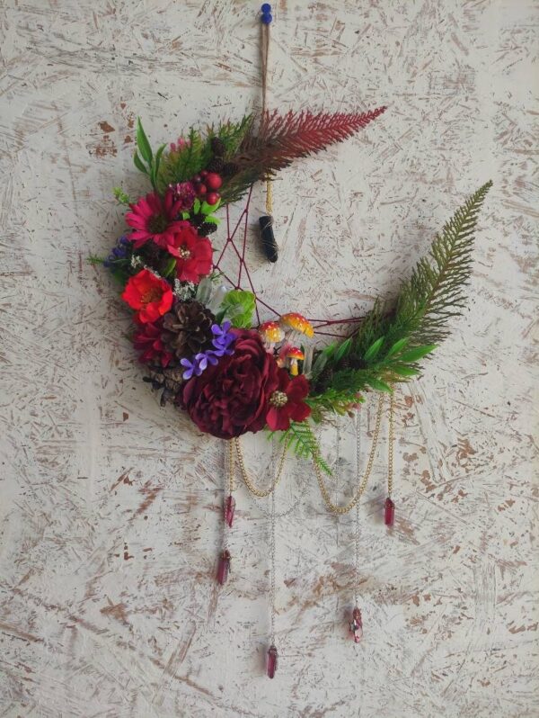 Litha Crystal crescent moon wreath | witchy celestial wall hanging | floral moon | gift for a witch | half moon door deco, wicca aesthetic