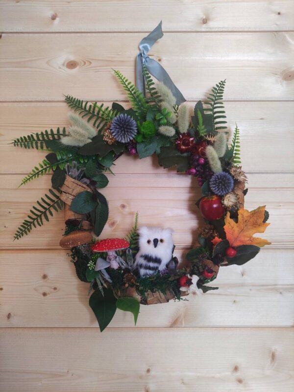 Forest wreath with owl and Crystals | woodland theme wall hanging | green witch gift | witchy cottagecore aesthetic | mother nature Wreath