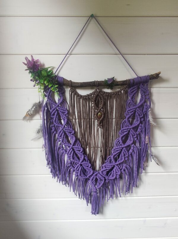 Purple witch home deco | cottagecore wall hanging with crystals, moss and feathers | witchy aesthetic bedroom | alternative macrame gift